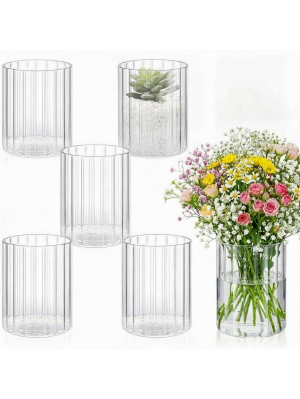 Set of 6 Clear Ribbed Glass Cylinder Vases - 4 Inch Tall Decorative Home Accents